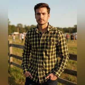 Volcom Men's Modern Fit Button Down Yellow Black Plaid Long Sleeve S